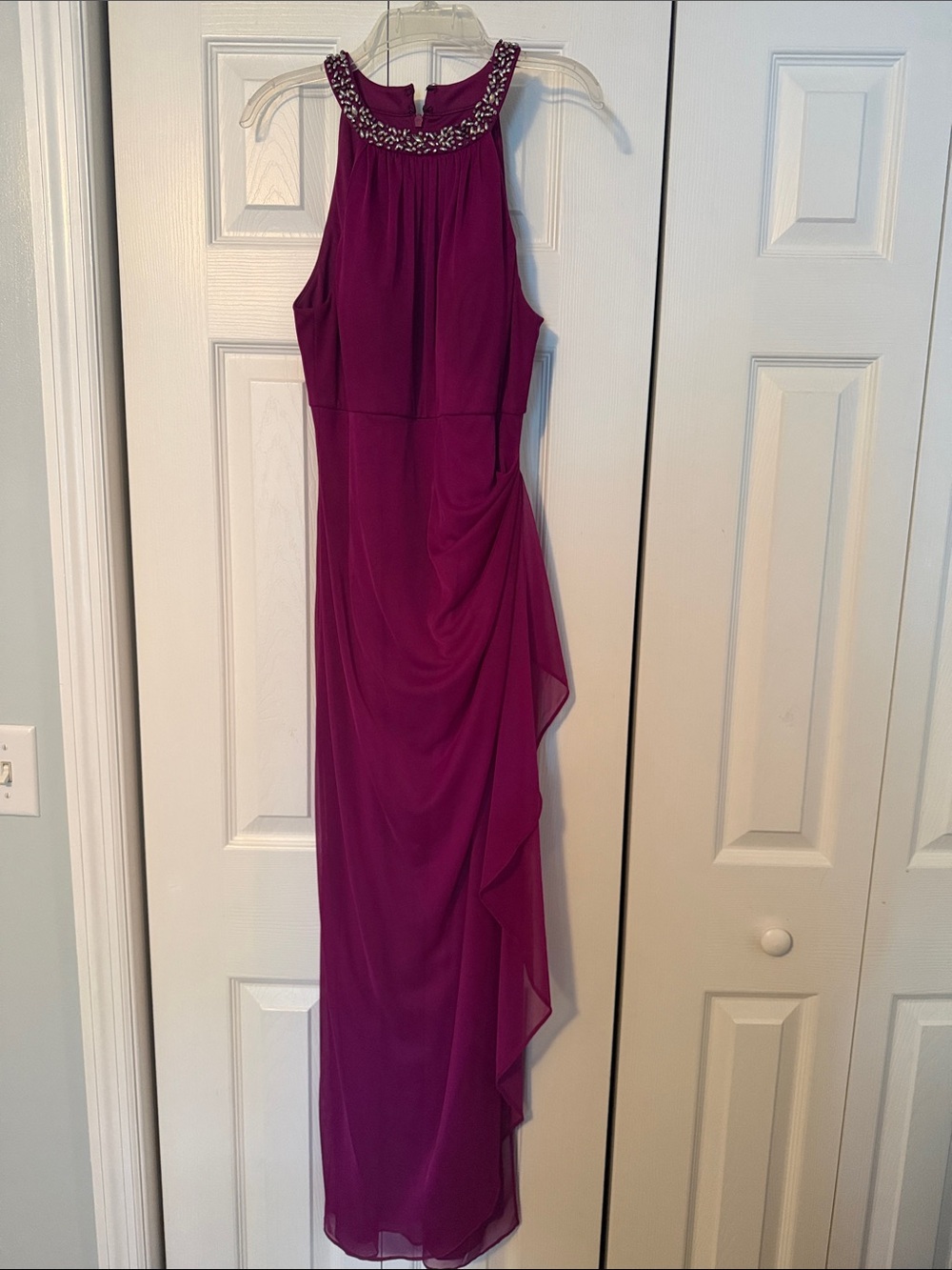 Alex Evenings Beaded Halter Evening Gown in Deep Magenta